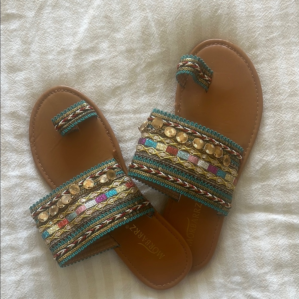 Brown and Multicolor Beaded Sandals